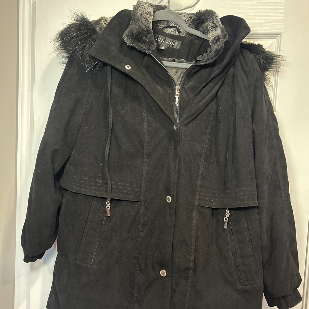 Fleet Street Women's Black Coat W/fox Fur Collar‎ Large Elegant Winter Overcoat
